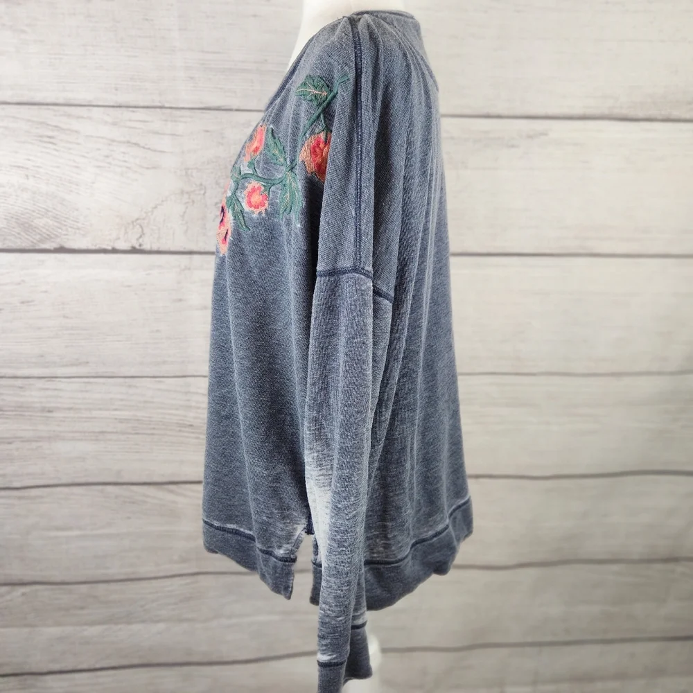 Lucky Brand Distressed Floral Embroidered Scoop Neck Sweater